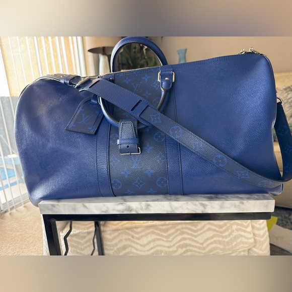LOUIS VUITTON Taiga Monogram Eclipse Keepall Bandouliere Pacific Blue - Picture 11 of 14